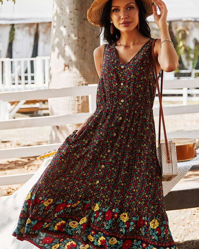 Floral Print Bohemian Style V-neck Sleeveless Midi Dress