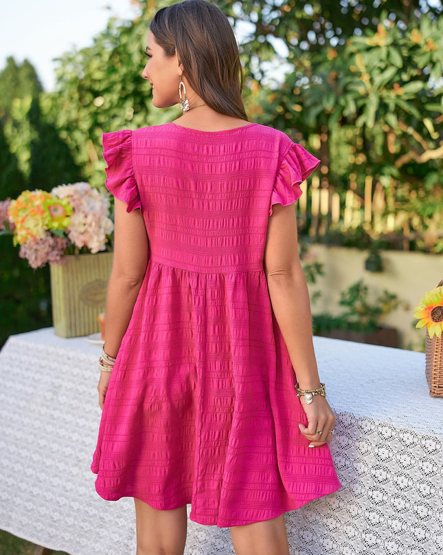 Textured V-Neck Flutter Sleeve Dress