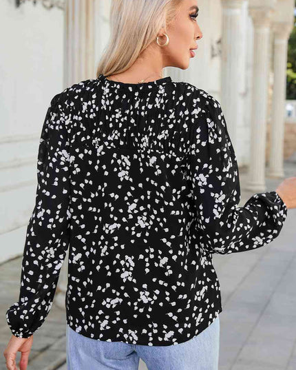Double Take Printed Notched Neck Smocked Blouse