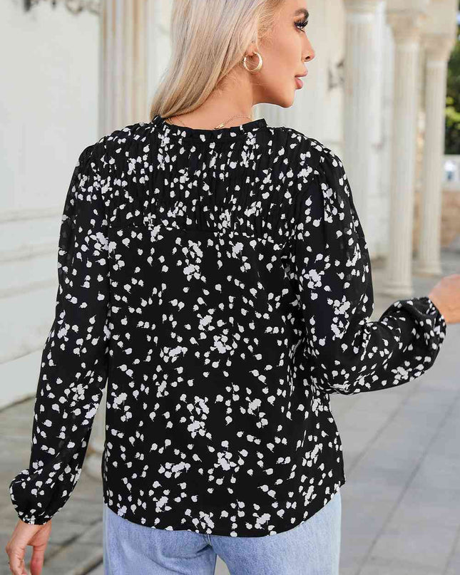 Double Take Printed Notched Neck Smocked Blouse