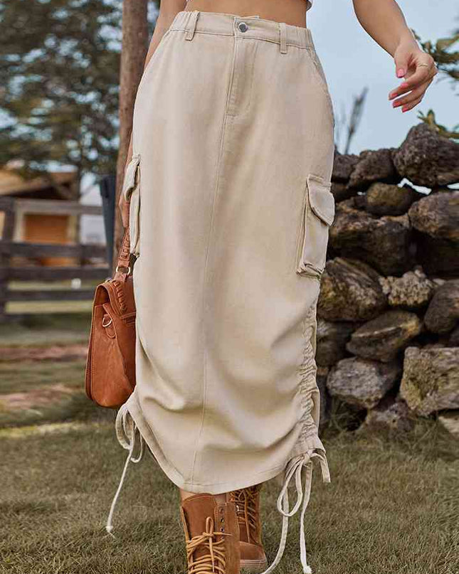 Drawstring Denim Skirt with Pockets
