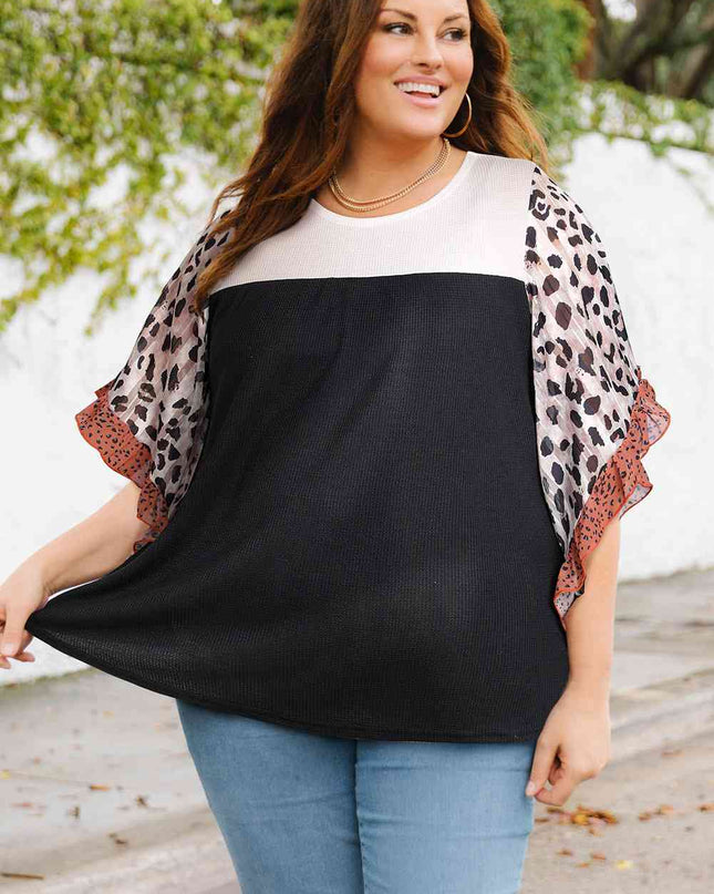 Plus Size Printed Color Block Ruffled Blouse