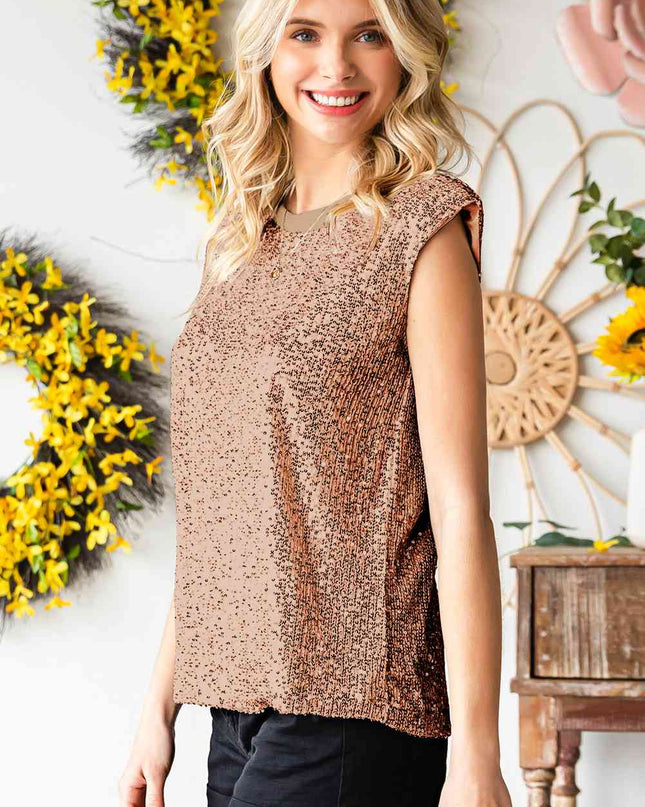 Sequin Round Neck Capped Sleeve Tank