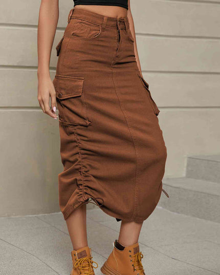 Drawstring Ruched Slit Denim Midi Skirt