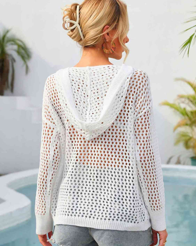 Flower Graphic Lace-Up Openwork Hooded Cover Up
