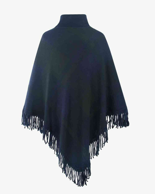 Plaid Turtleneck Fringe Hem Poncho