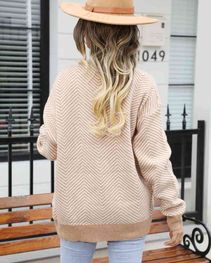 Striped V-Neck Dropped Shoulder Button-Up Cardigan