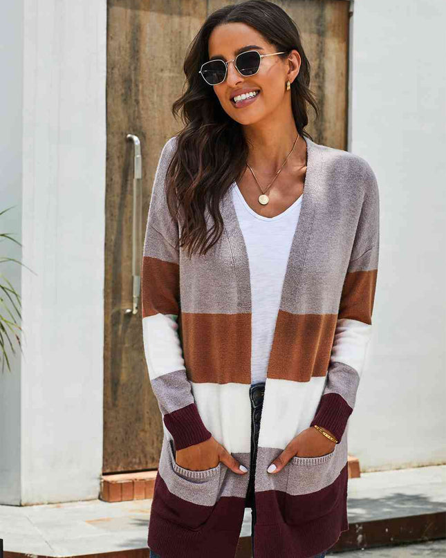 Woven Right Color Block Open Front Ribbed Cuff Cardigan with Pockets