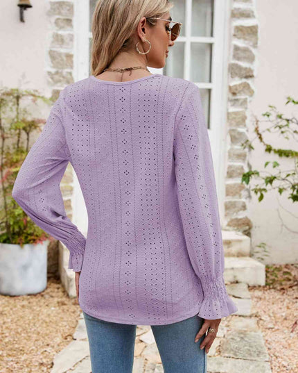 Eyelet Flounce Sleeve V-Neck Blouse