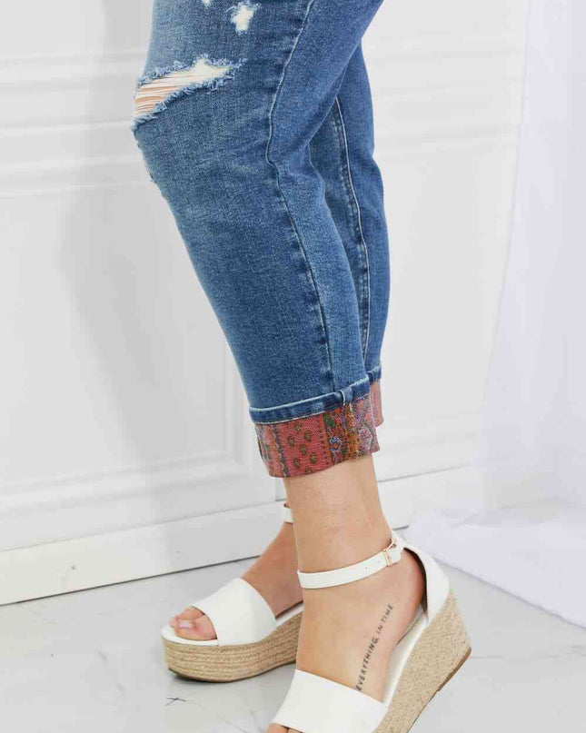 Judy Blue Gina Full Size Mid Rise Paisley Patch Cuff Boyfriend Jeans