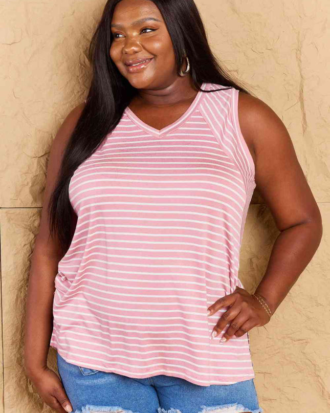 Doublju Talk To Me Full Size Striped Sleeveless V-Neck Top