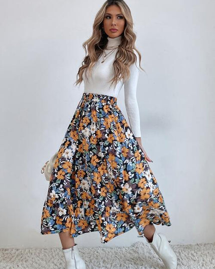 Printed Ruffle Hem Midi Skirt