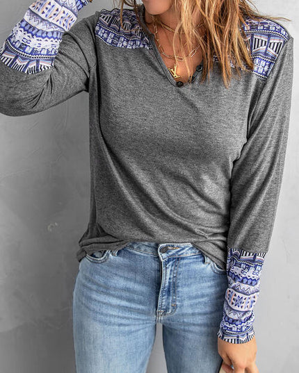 V-Neck Color Block Long Sleeve Blouse