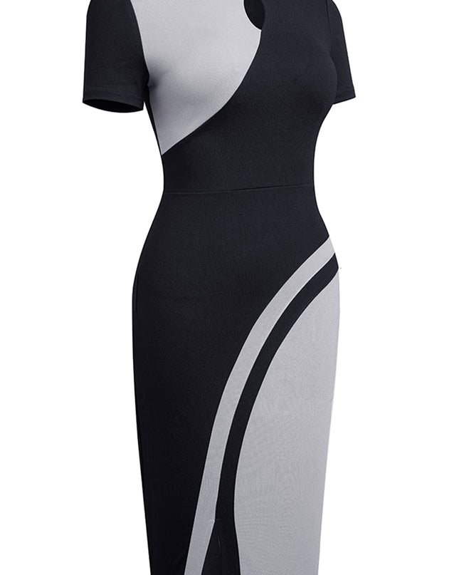 Two-Tone Round Neck Short Sleeve Slit Dress