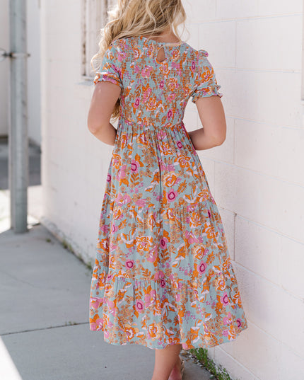 Floral Flounce Sleeve Round Neck Midi Dress