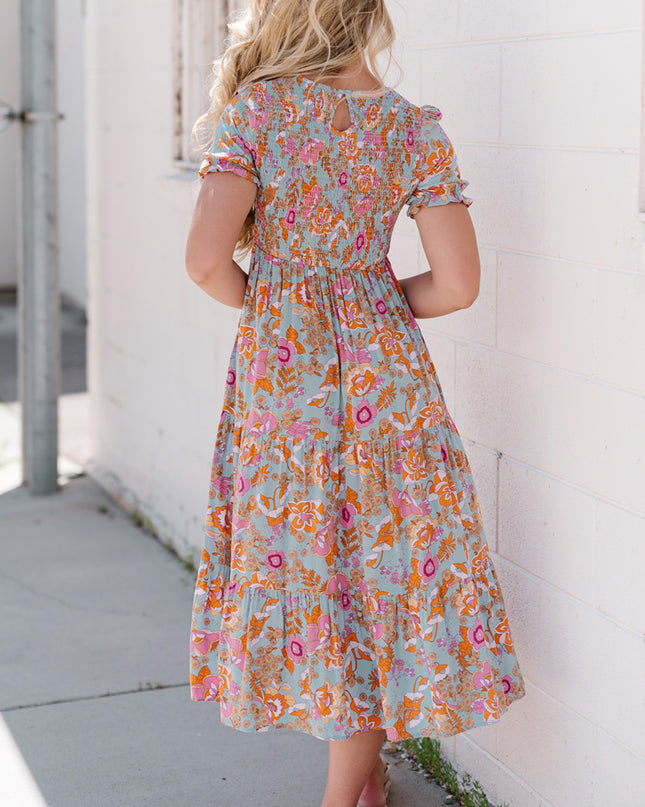 Floral Flounce Sleeve Round Neck Midi Dress
