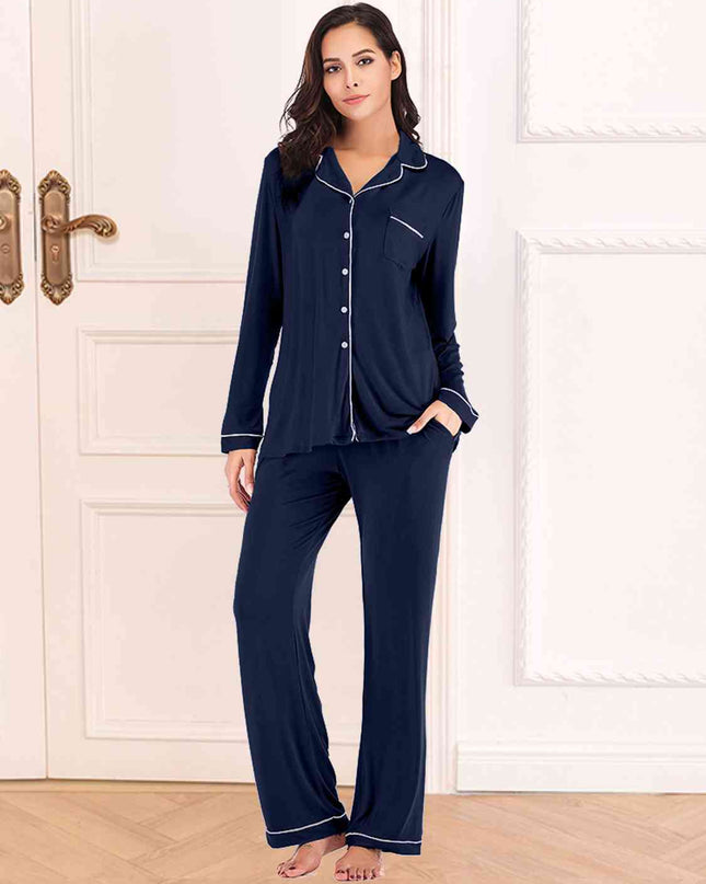 Collared Neck Long Sleeve Loungewear Set with Pockets