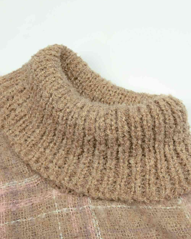 Plaid Turtleneck Fringe Hem Poncho
