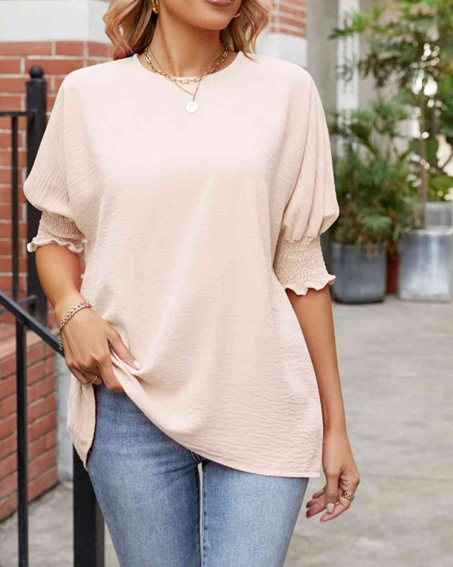 Round Neck Smocked Lantern Sleeve Blouse