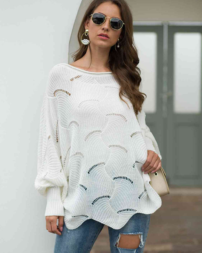 Full Size Boat Neck Lantern Sleeve Openwork Knit Top