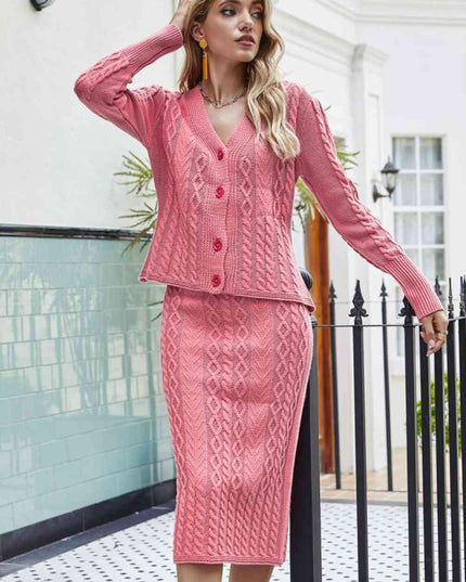 Mixed Knit V-Neck Cardigan and Knit Skirt Set
