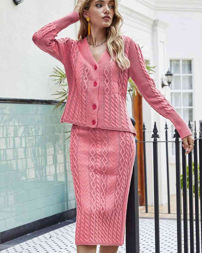 Mixed Knit V-Neck Cardigan and Knit Skirt Set