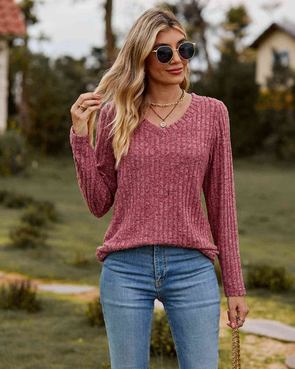 Ribbed V-Neck Long Sleeve Tee