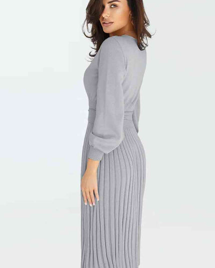 Round Neck Long Sleeve Pleated Sweater Dress