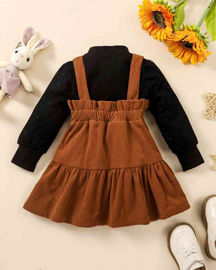 Puff Sleeve Round Neck Top and Buttoned Overall Dress Set