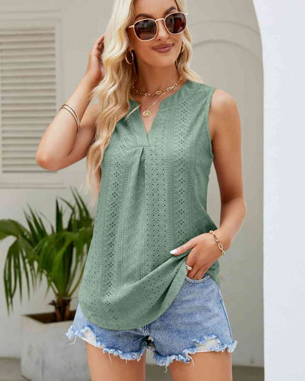 Notched Neck Curved Hem Eyelet Tank
