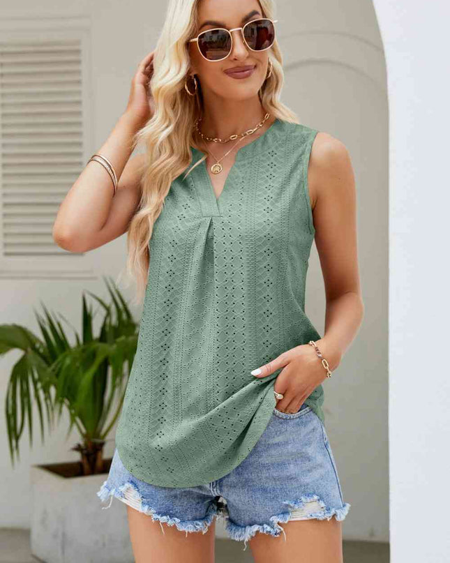 Notched Neck Curved Hem Eyelet Tank