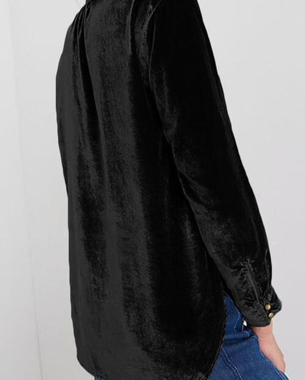 Notched Neck Buttoned Long Sleeve Velvet Blouse