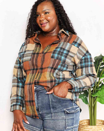Double Take Plaid Curved Hem Shirt Jacket with Breast Pockets
