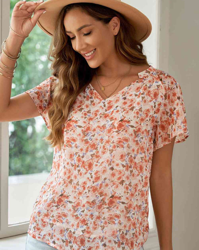 Floral Notched Neck Flutter Sleeve Blouse