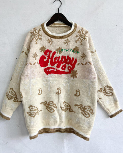 HAPPY Round Neck Long Sleeve Sweater