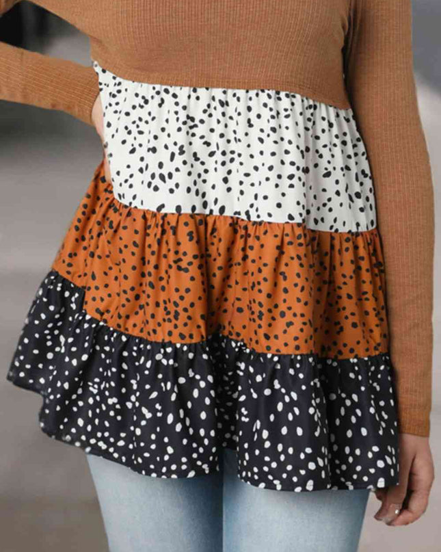 Round Neck Long Sleeve Color Block Blouse