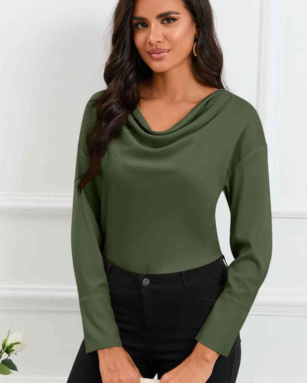 Cowl Neck Dropped Shoulder Long Sleeve Back Tie Blouse