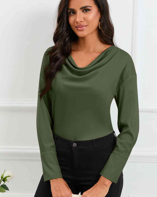 Cowl Neck Dropped Shoulder Long Sleeve Back Tie Blouse