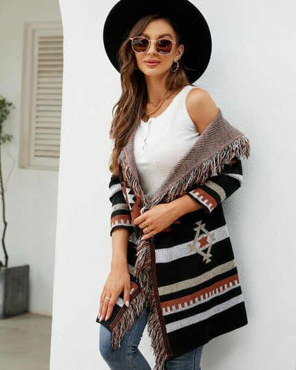 Fringe Geometric Hooded Long Sleeve Cardigan