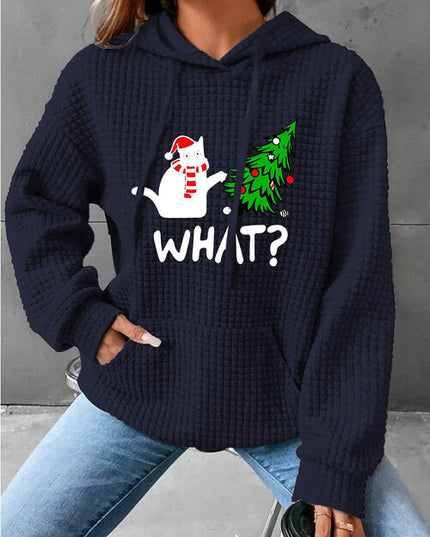 Full Size WHAT Graphic Waffle-Knit Long Sleeve Drawstring Hoodie