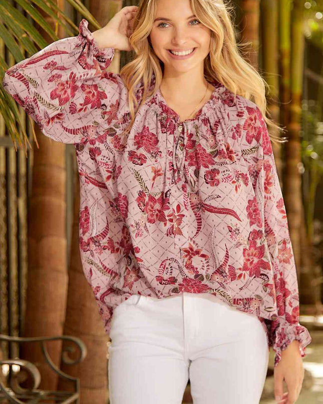 Floral Tie Neck Flounce Sleeve Blouse