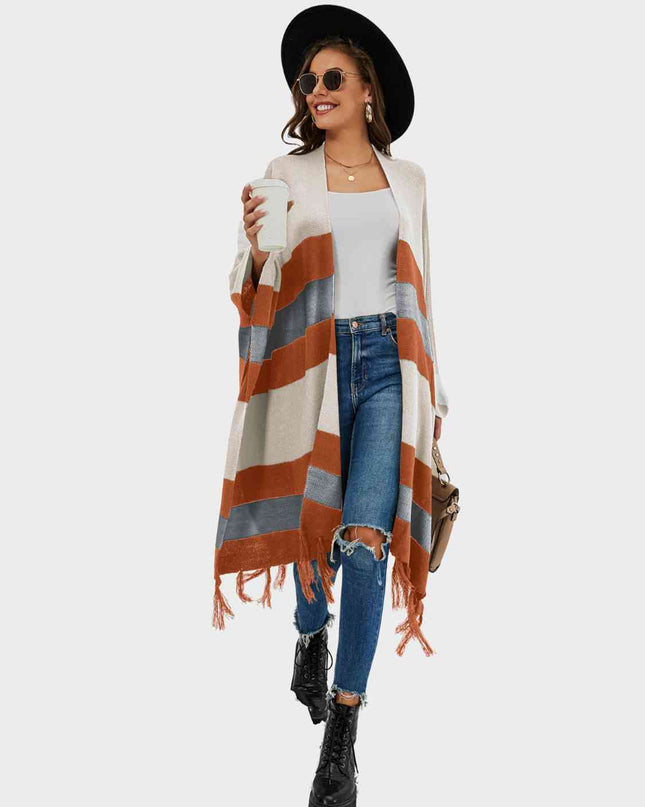 Striped Open Front Fringe Cardigan
