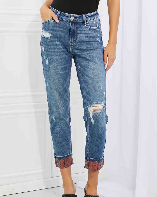 Judy Blue Gina Full Size Mid Rise Paisley Patch Cuff Boyfriend Jeans
