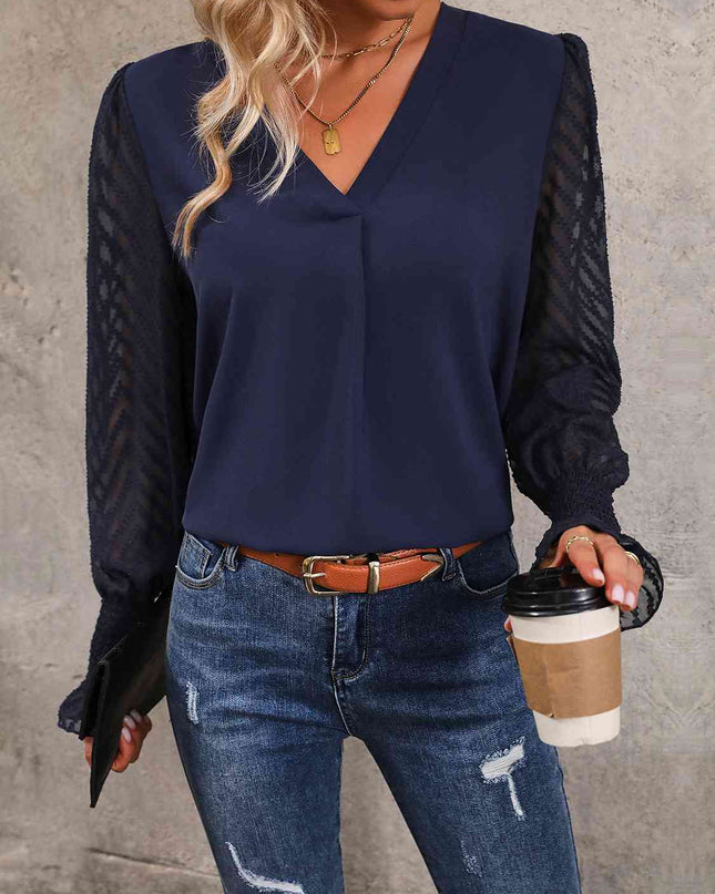 V-Neck Long Mesh Sleeve Top