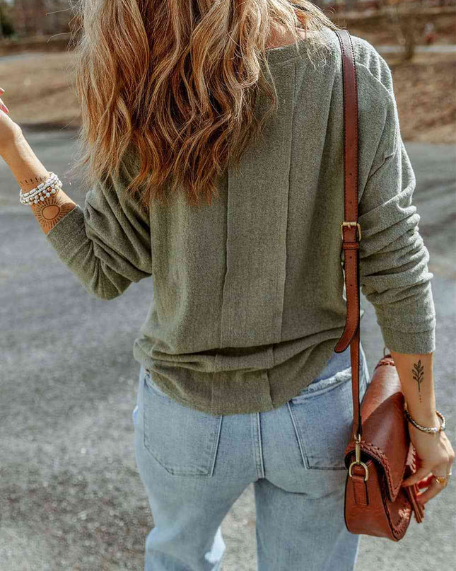 Buttoned Round Neck Long Sleeve Top