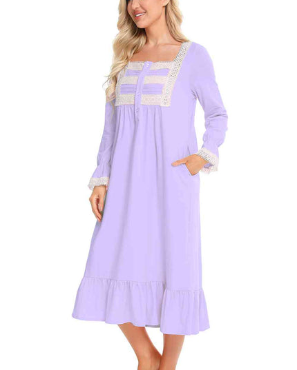 Lace Detail Square Neck Flounce Sleeve Night Dress