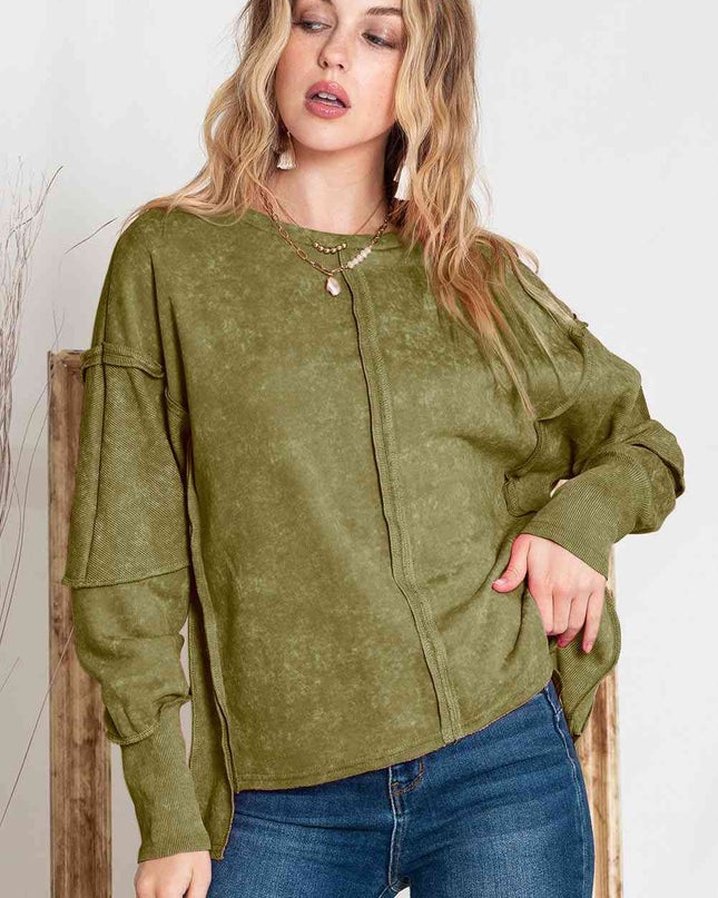 Full Size Exposed Seams Round Neck Dropped Shoulder Sweatshirt