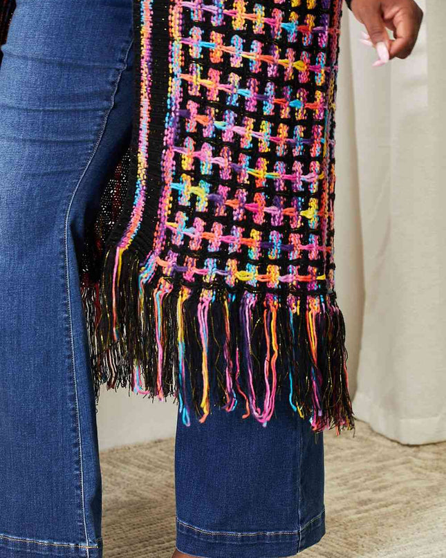 Double Take Full Size Multicolored Open Front Fringe Hem Cardigan