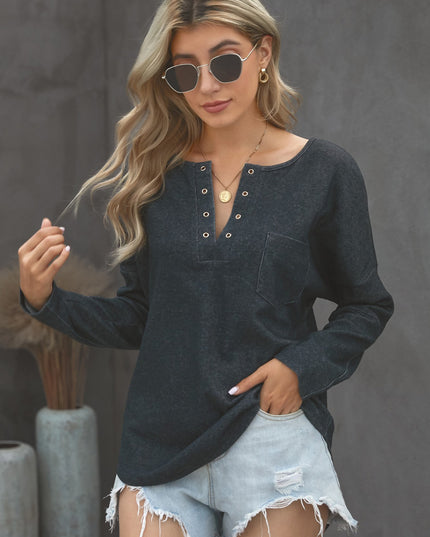 Grommet Long Sleeve V-Neck Top