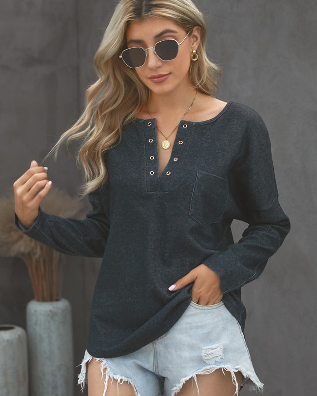 Grommet Long Sleeve V-Neck Top